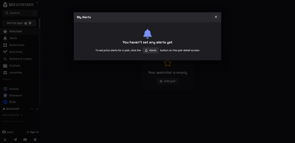 Alerts, DEX Screener