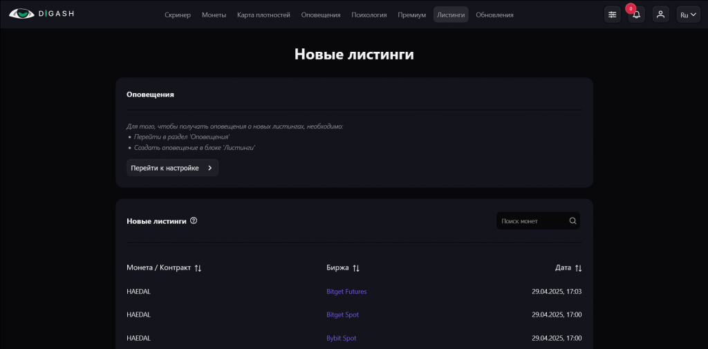 раздел Листинги Дигашка Скринер
